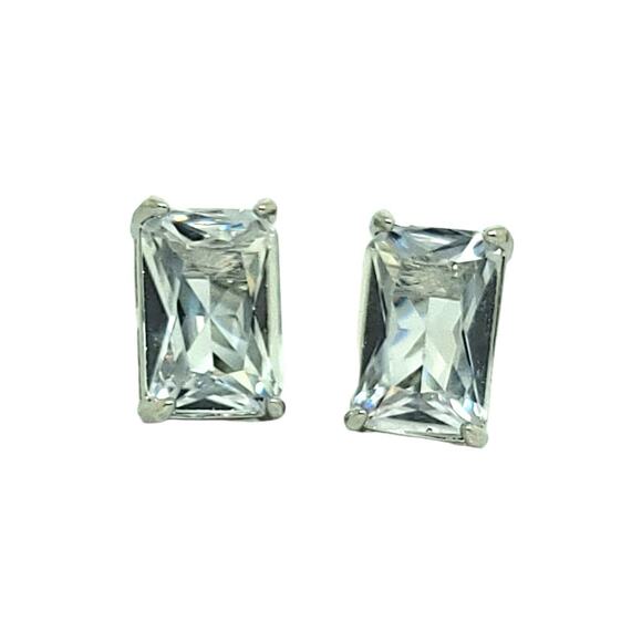 Elegant Silver Emerald Cut BlueWhite Cubic Zirconia Stud Earrings - Picture 7 of 8